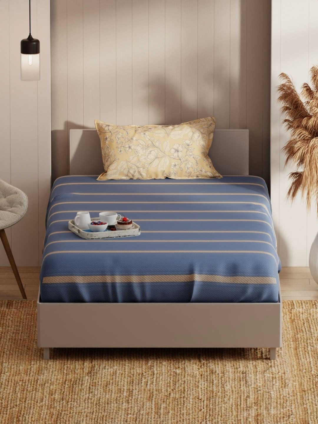 KOPA Blue & Beige Striped 152 TC Microfiber Single Bedsheet Set-1.55 m X 2.36 m