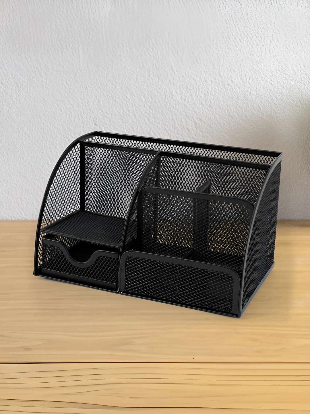 UMAI Black Self Design 6 Compartments Metal Desk Organiser