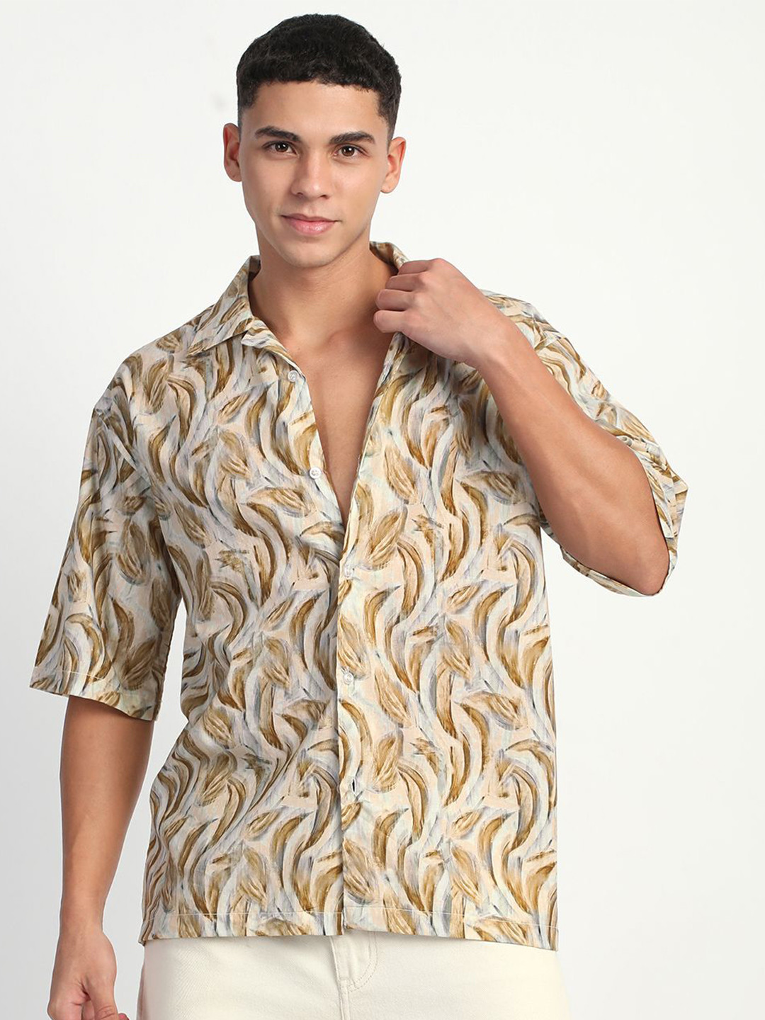 Mark Leute Men Relaxed Cuban Collar Abstract Printed Casual Shirt