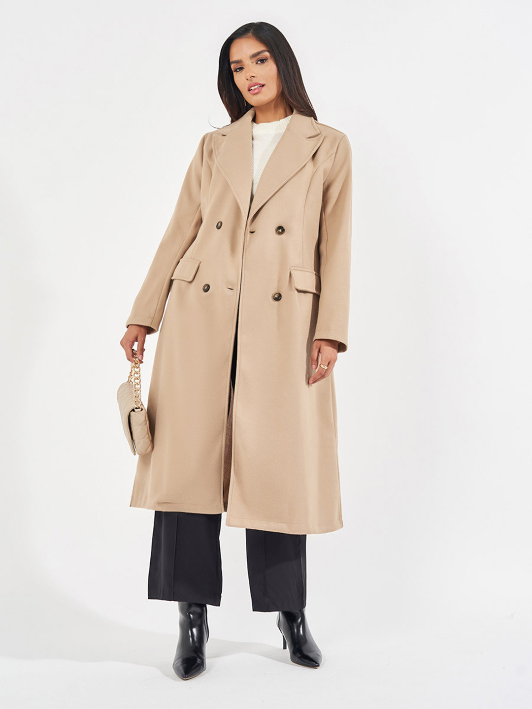 Styli Women Regular Fit Long Line Length Double Breasted Wool Look Coat