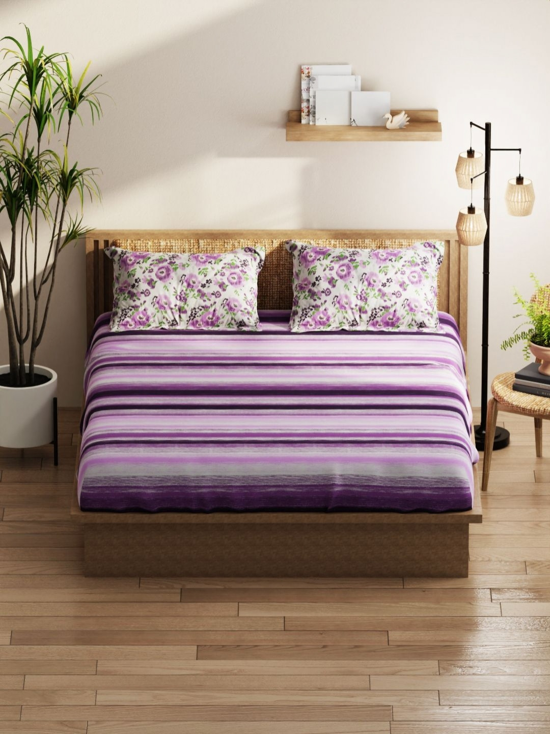 KOPA Purple Striped Microfiber 152 TC Queen Bedsheet with 2 Pillow Covers-218 x 239 cm