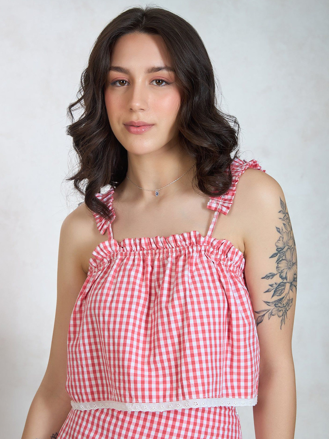 Virgio Pure Cotton Gather & Lace Detail Crop Top