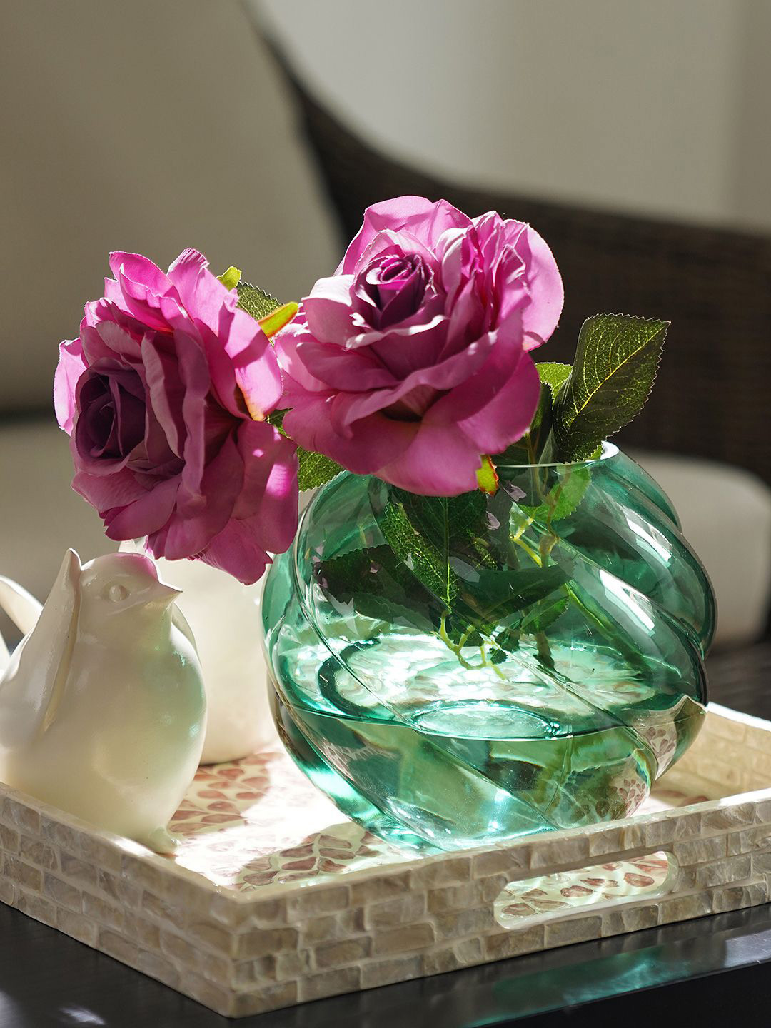 Pure Home and Living Green Swirl Textured Glass Vase