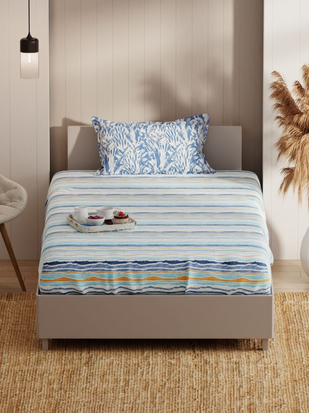 KOPA Blue Striped Microfiber 152 TC Single Bedsheet with a Pillow Cover-61 x 93 inches