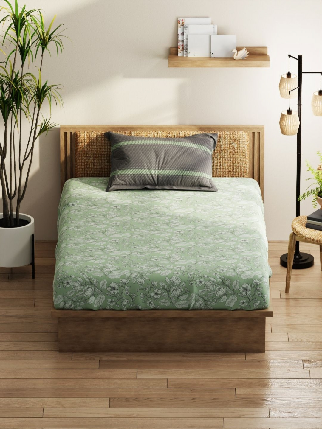 KOPA Green & Grey Floral 152 TC Microfiber Double Queen Bedsheet Set-1.50 m X 2.18 m