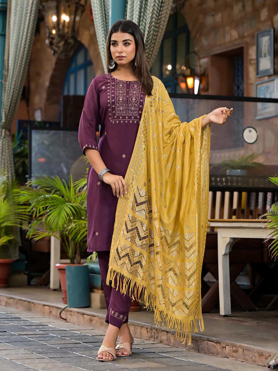 Juniper Floral Embroidered Regular Chinon Straight Kurta with Trousers & Dupatta