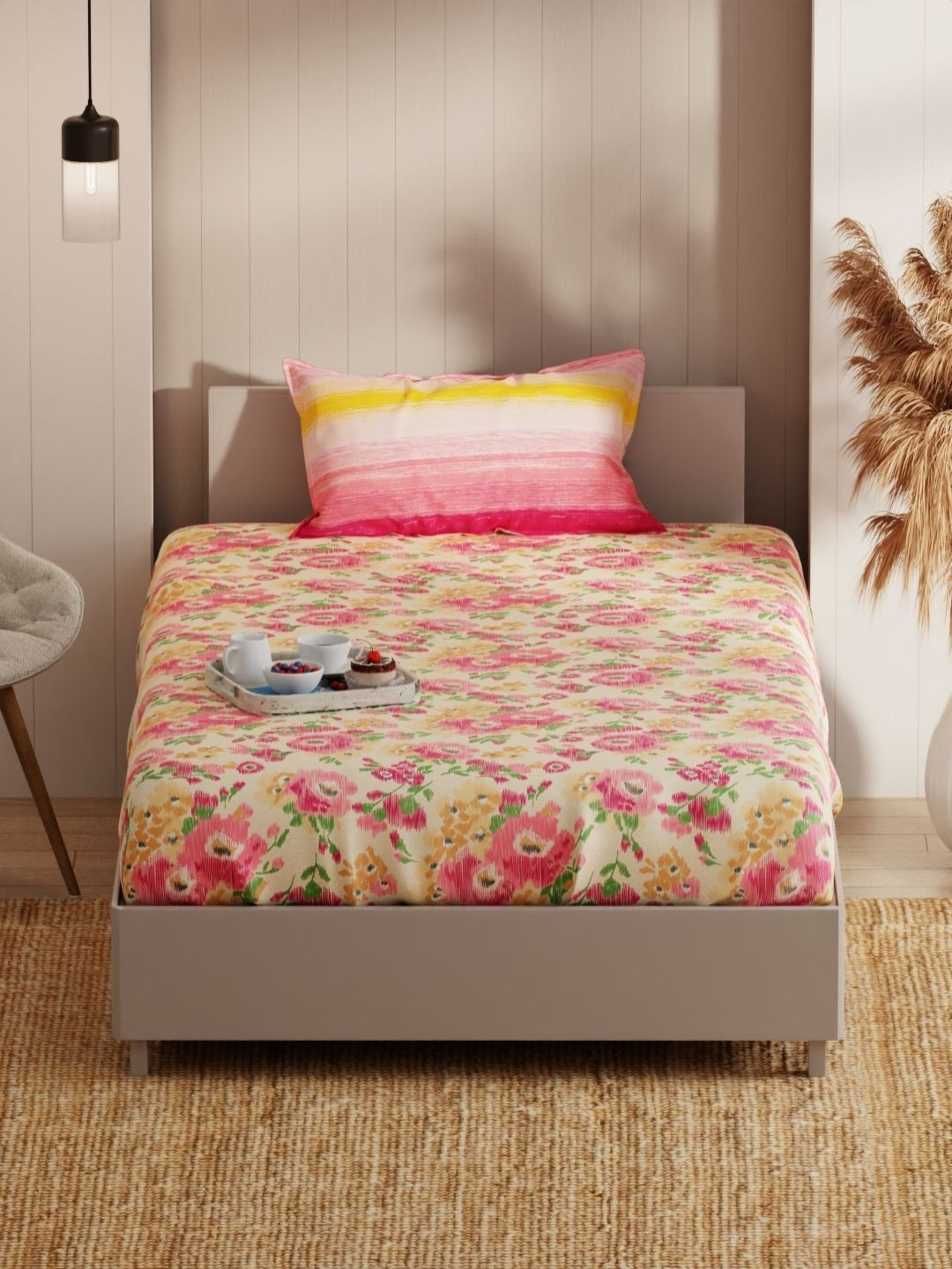 KOPA Beige Printed Microfiber 152 TC Single Bedsheet & 1 Pillow Cover 1.5 x 2.3m