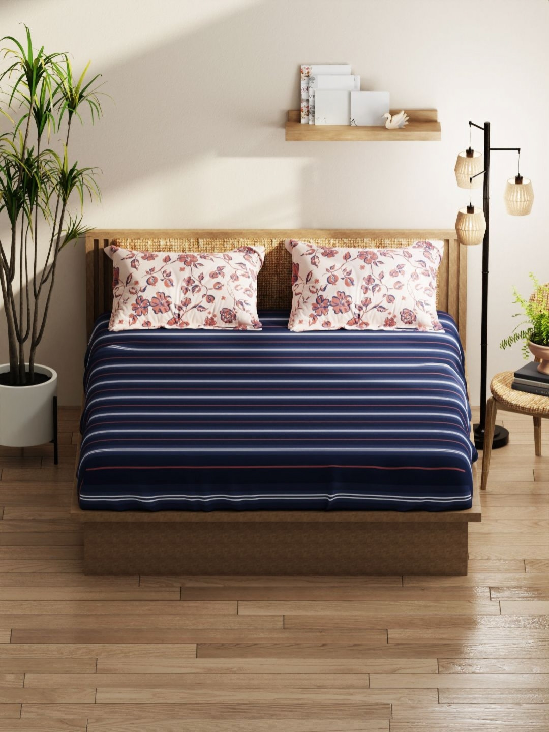 KOPA Micro Blue Striped Microfiber 152 TC Fitted Queen Bedsheet with 2 Pillow Covers-86 x 94 inches