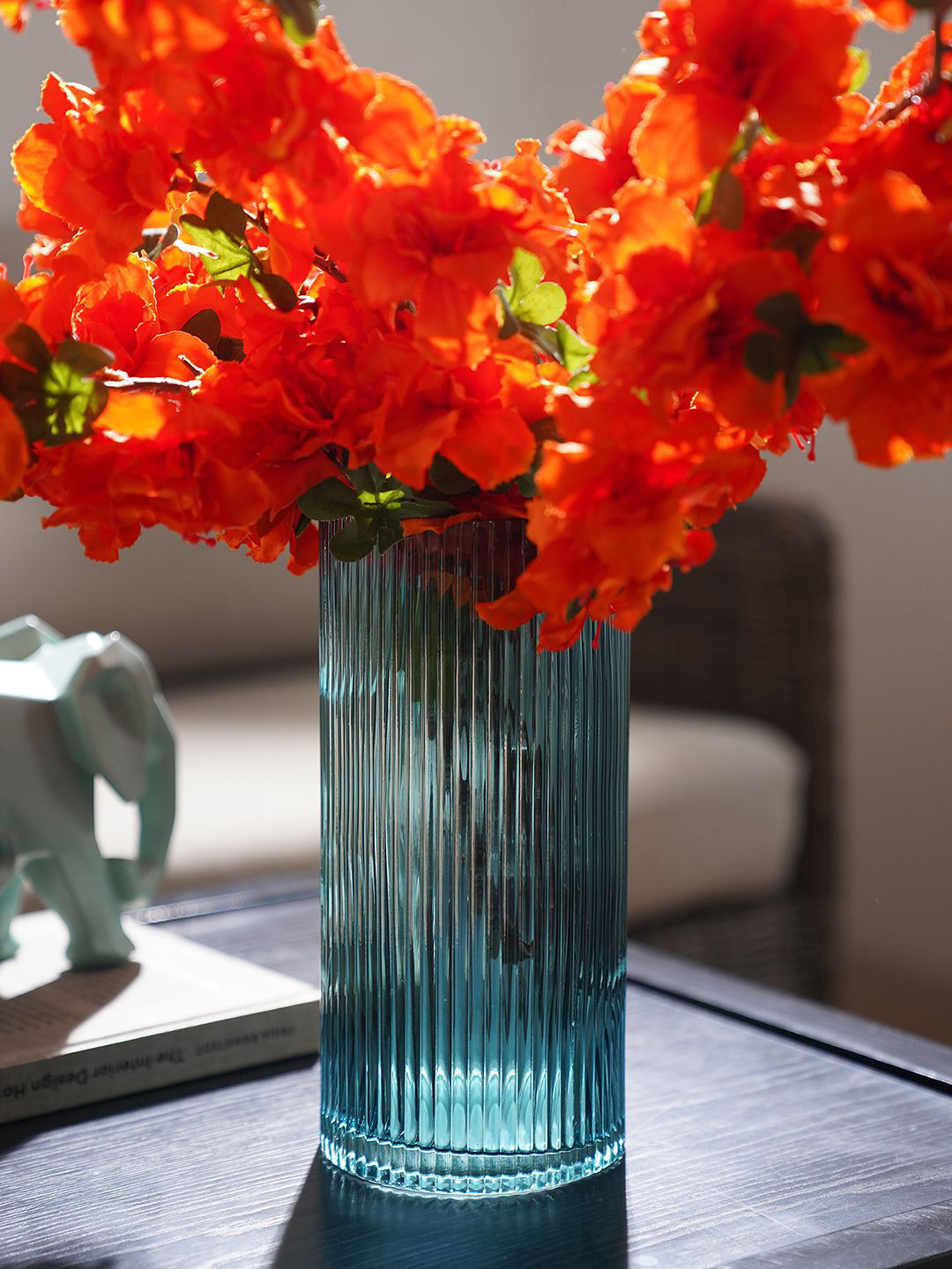 Pure Home and Living Blue Ribbed Straight Glass Vase