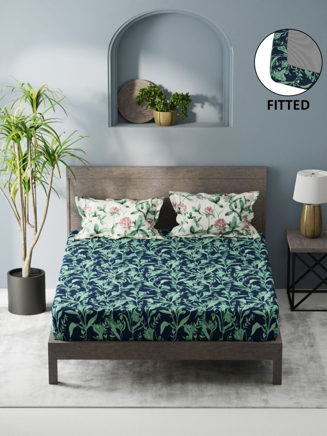 KOPA Navy Blue Floral Microfiber 200 TC Fitted King Fine Bedsheet with 2 Pillow Covers-71 x 78 inches
