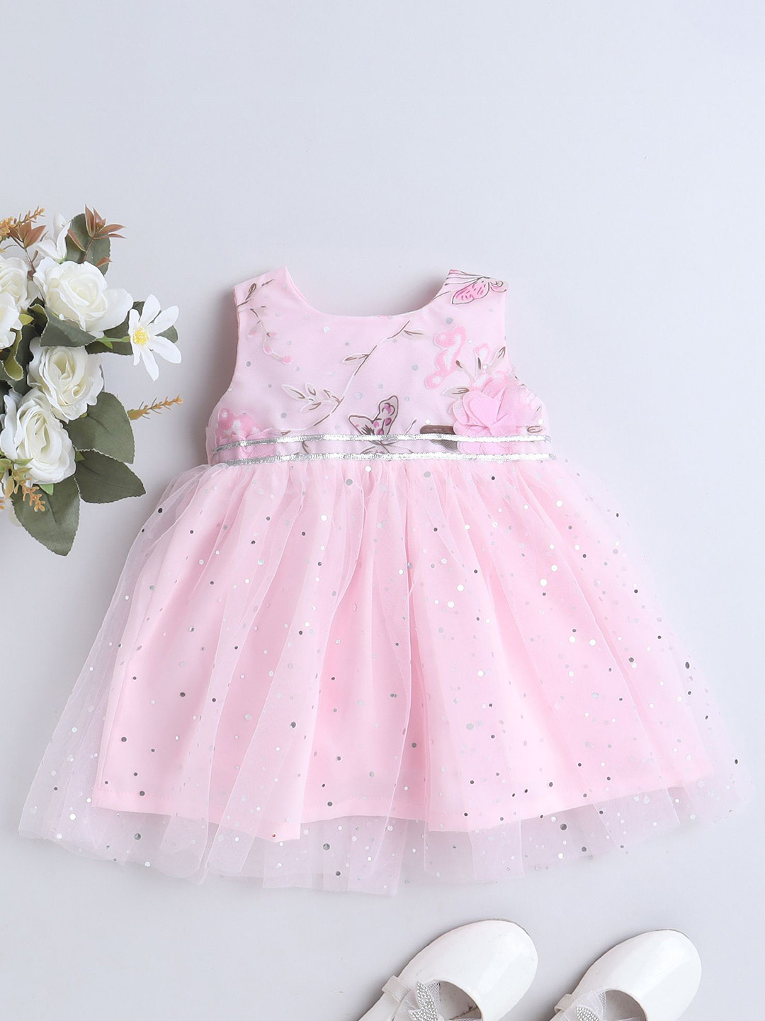 MANY FROCKS & Girls Embellished Floral Printed Net Fit & Flare Party Wear Dress