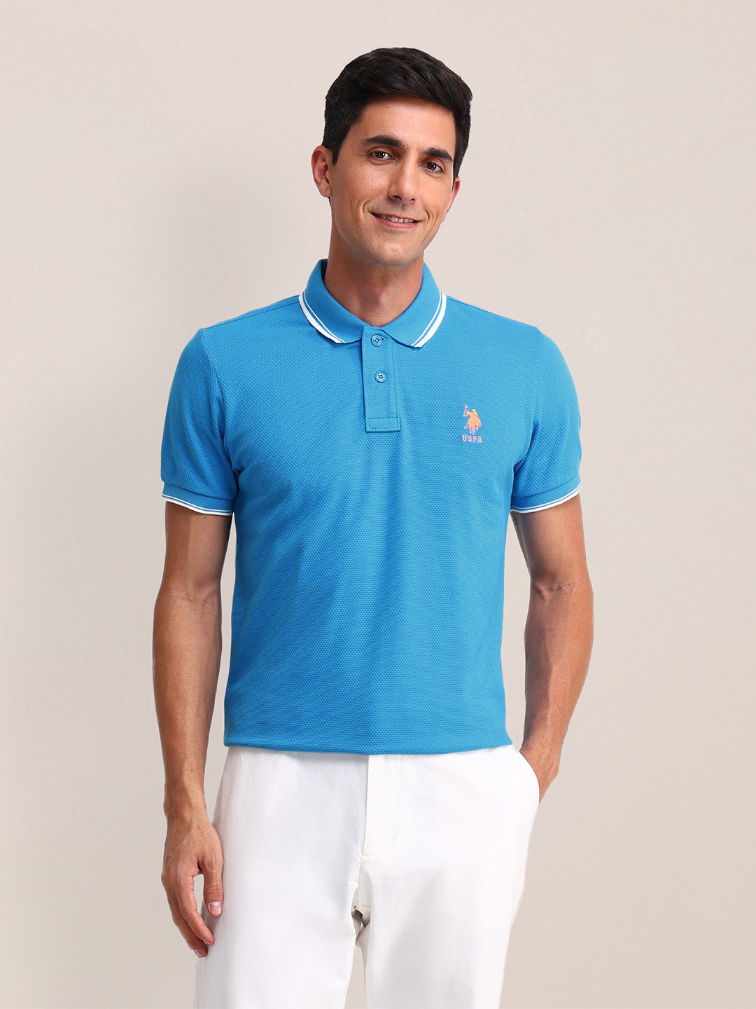 U.S. Polo Assn. Self Designed Polo Collar Pure Cotton Slim Fit T-shirt