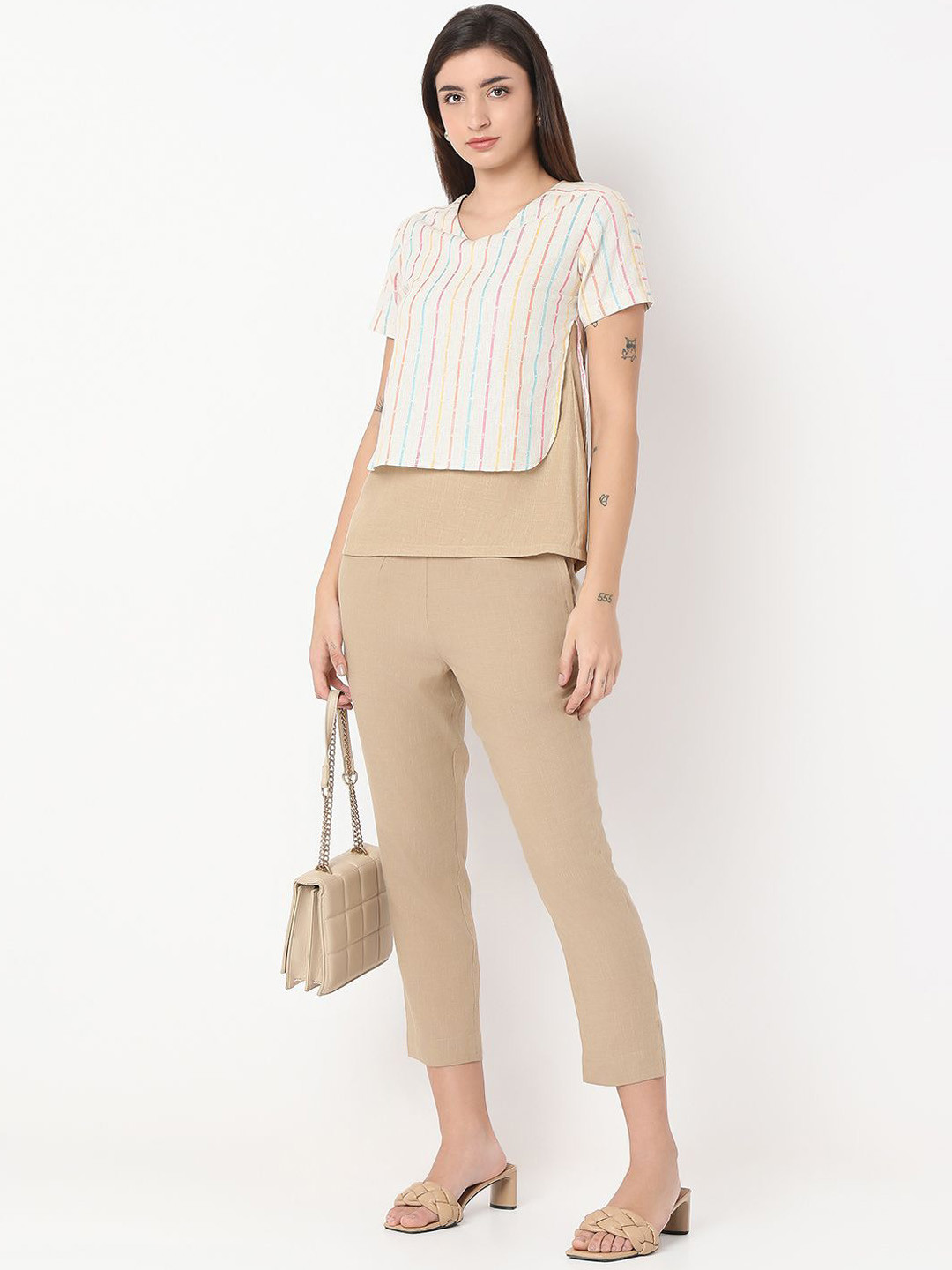 NOT SO PINK Striped V-Neck Short Sleeves Pure Cotton Top With Trouser