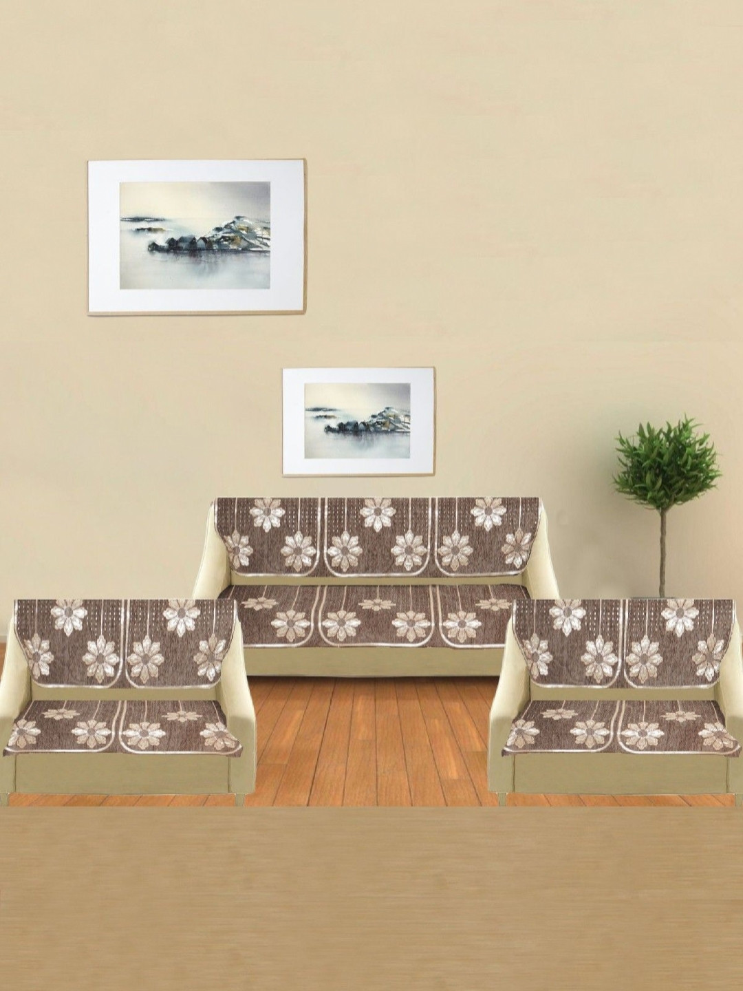 MORADO Brown & Beige 14 Pieces 7 Seater Embroidered Sofa Cover