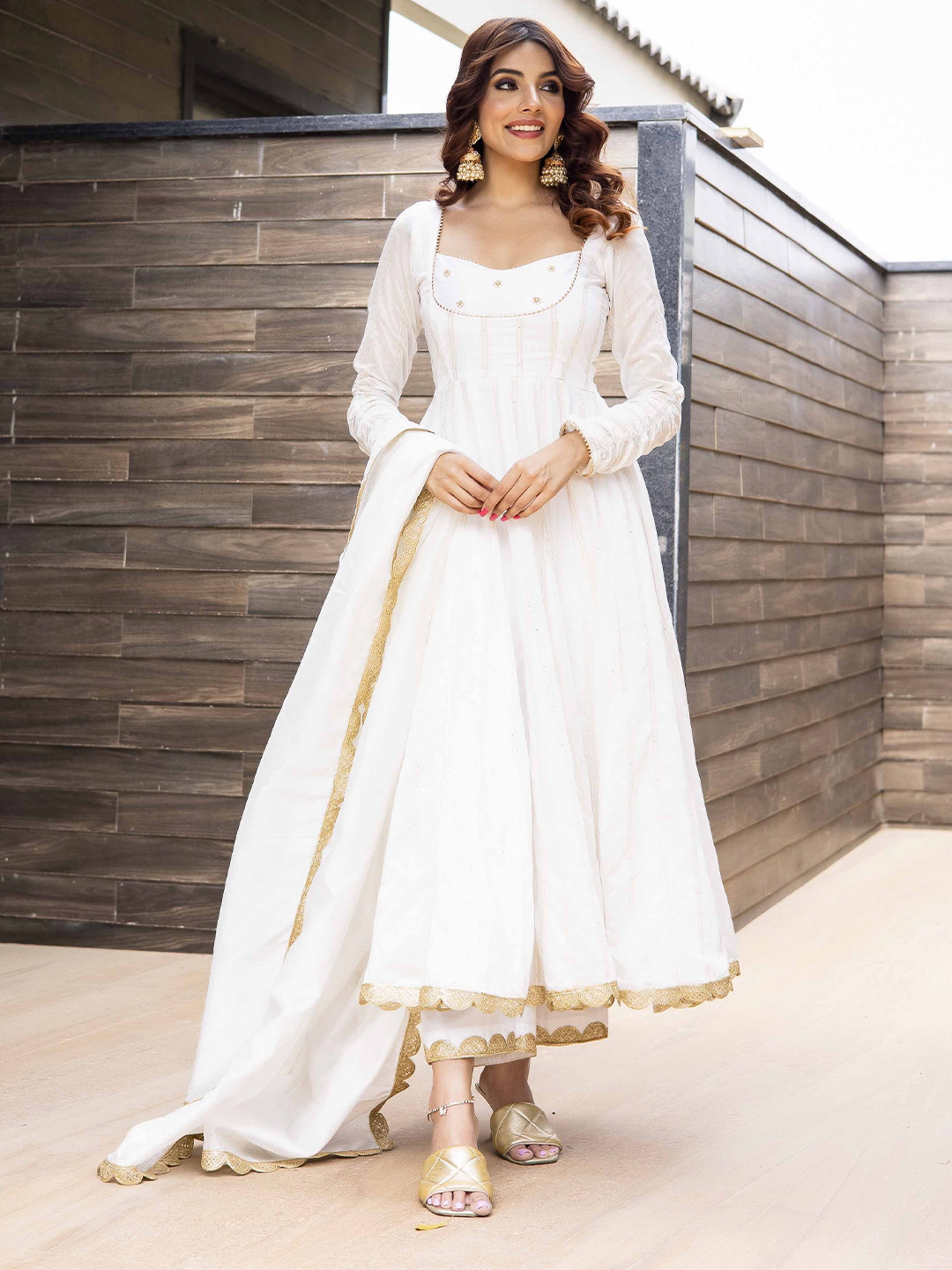 LABEL ADITI HUNDIA Floral Embroided Chanderi Cotton Anarkali Kurta with Palazzos & Dupatta