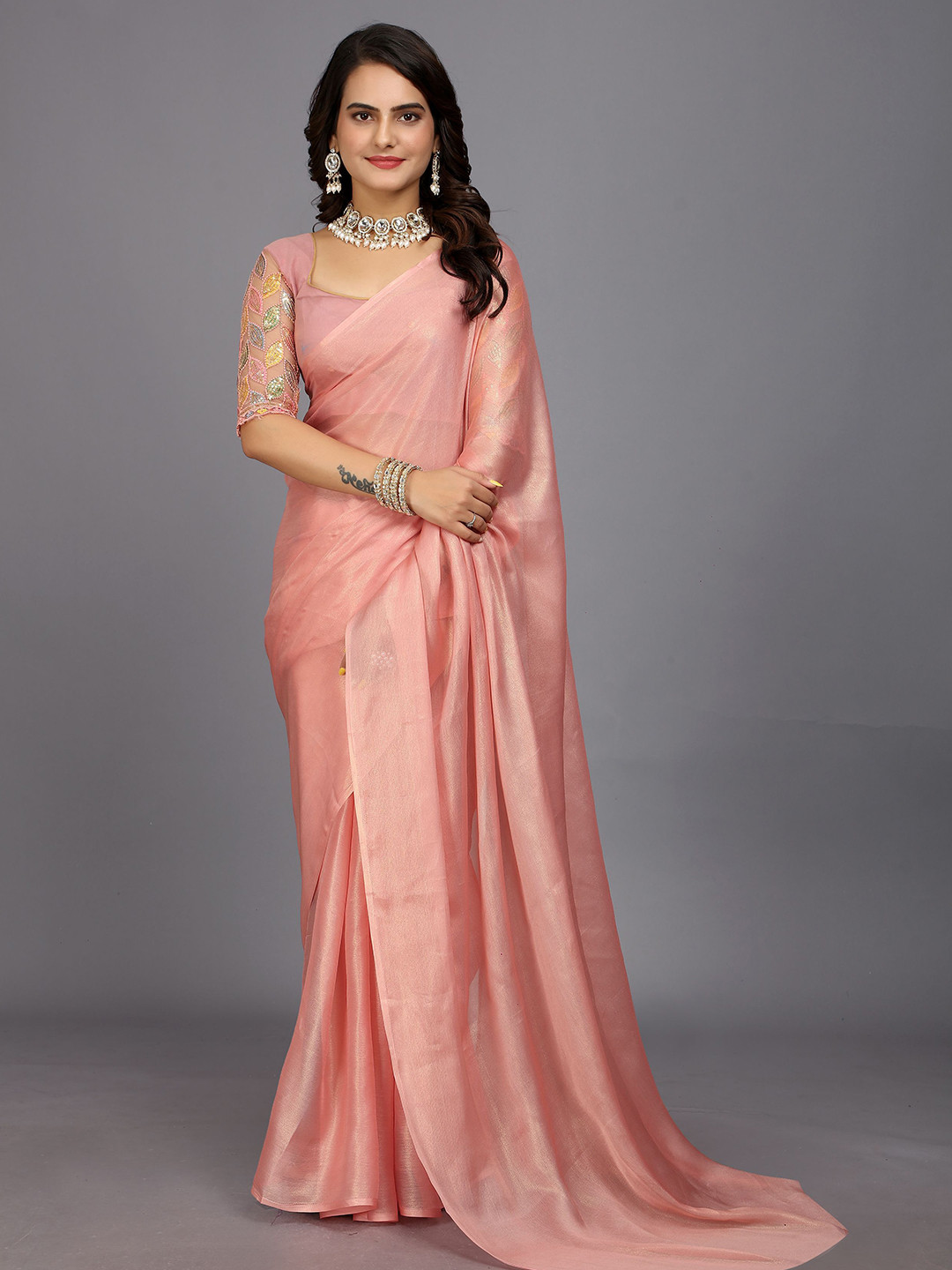 Rhey Solid Plain Saree with Embroidered Blouse