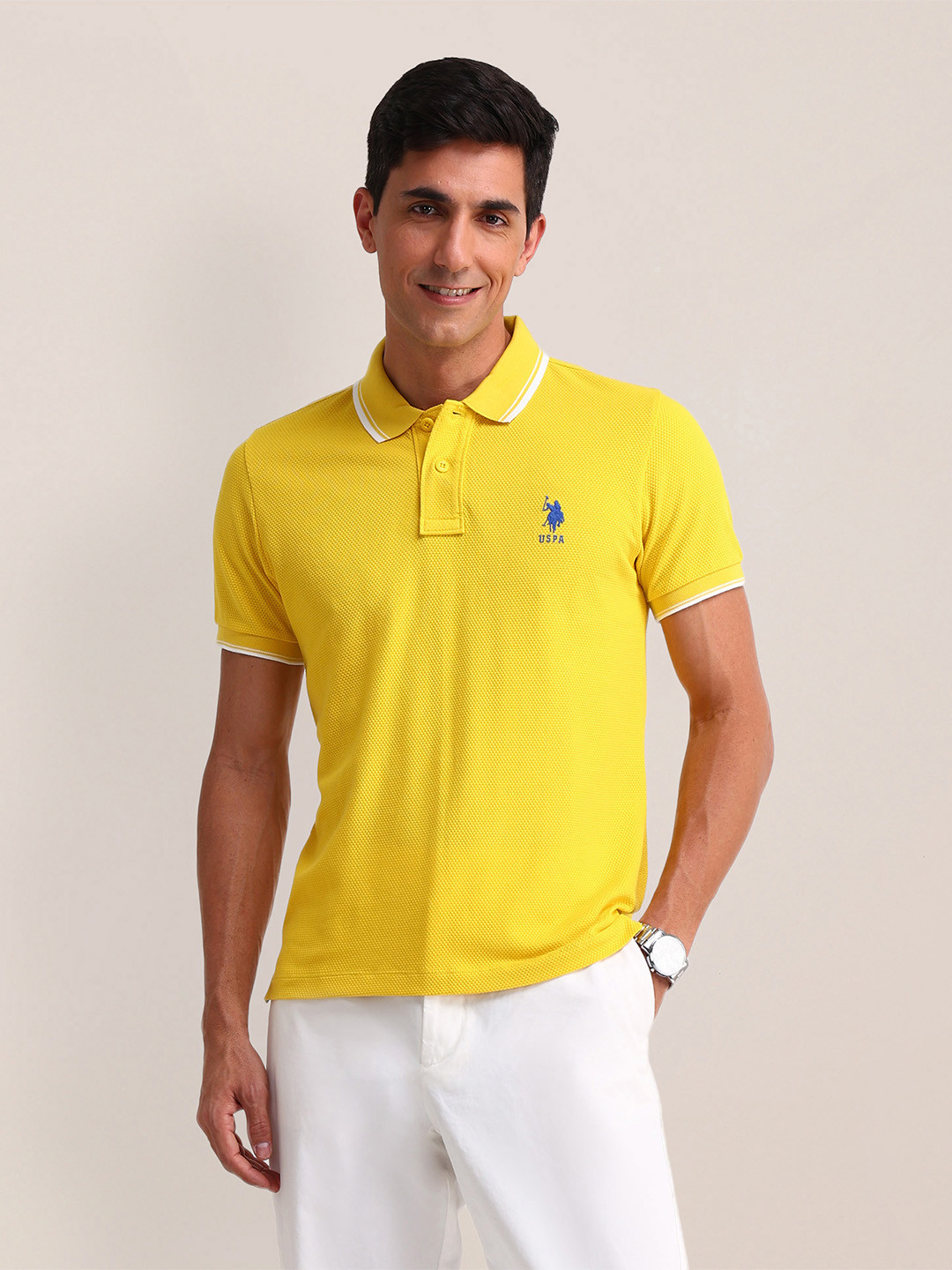 U.S. Polo Assn. Self Designed Polo Collar Pure Cotton Slim Fit T-shirt