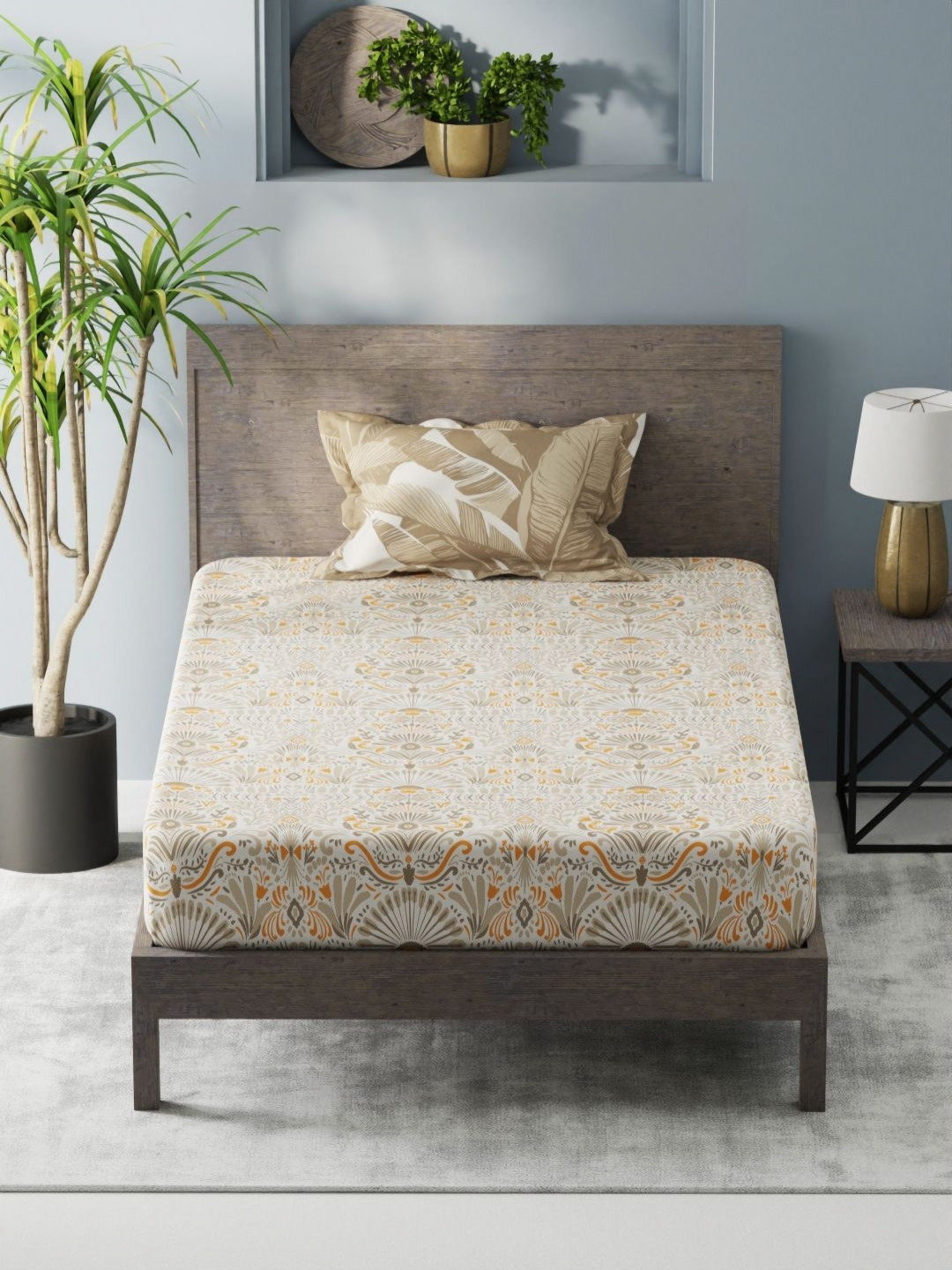 KOPA Beige Ethnic Motifs 200 TC Microfiber Single Bedsheet & Pillow Cover 1.50 m X 2.24 m