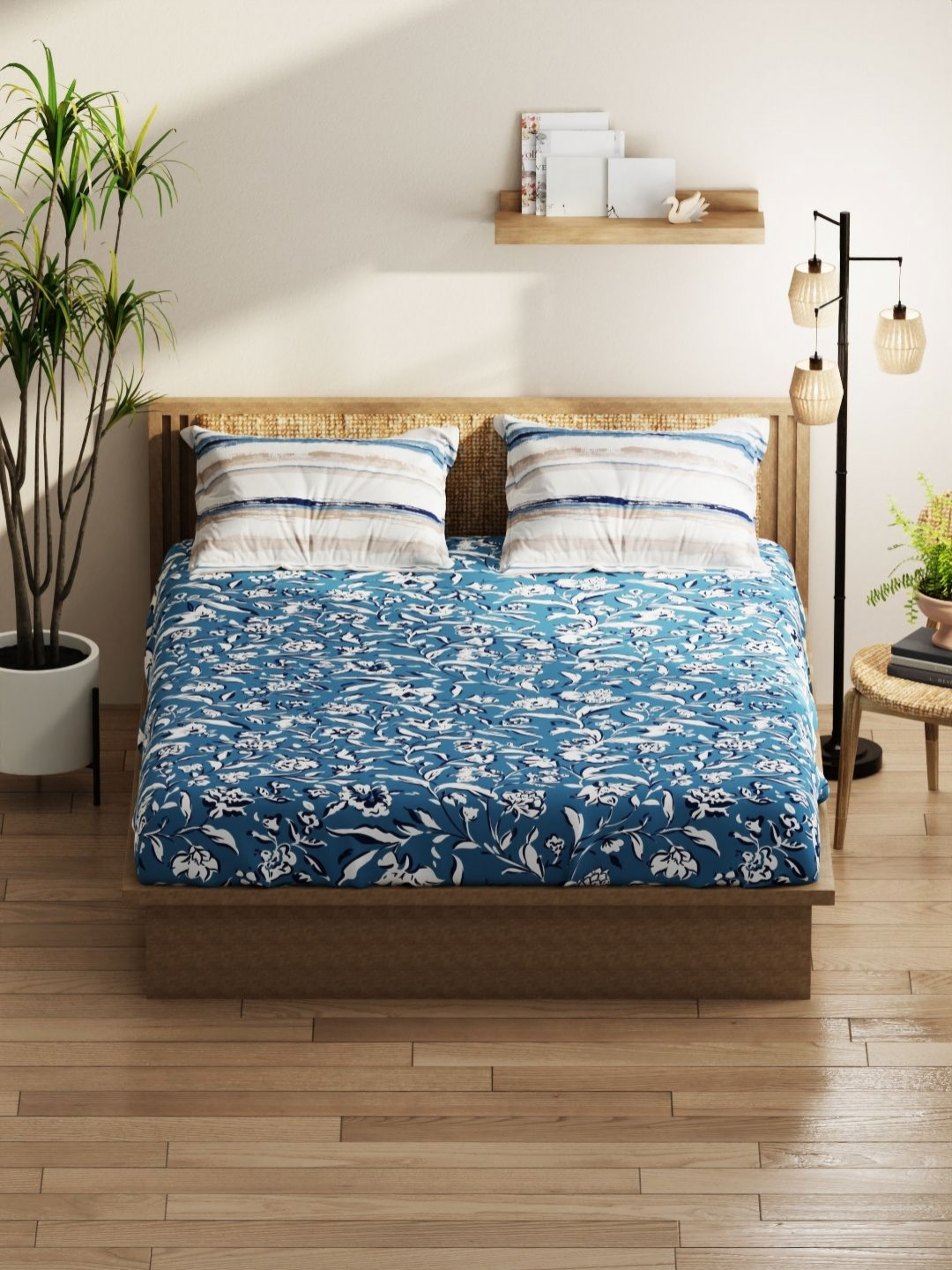 KOPA Blue Floral Microfiber 152 TC Queen Bedsheet with 2 Pillow Covers-86 x 94 inches