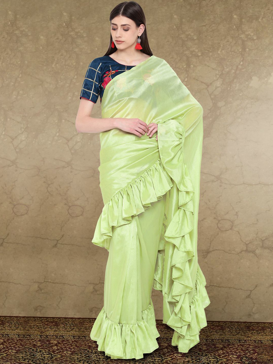 Sangria Solid Ruffles Saree with Blouse Piece