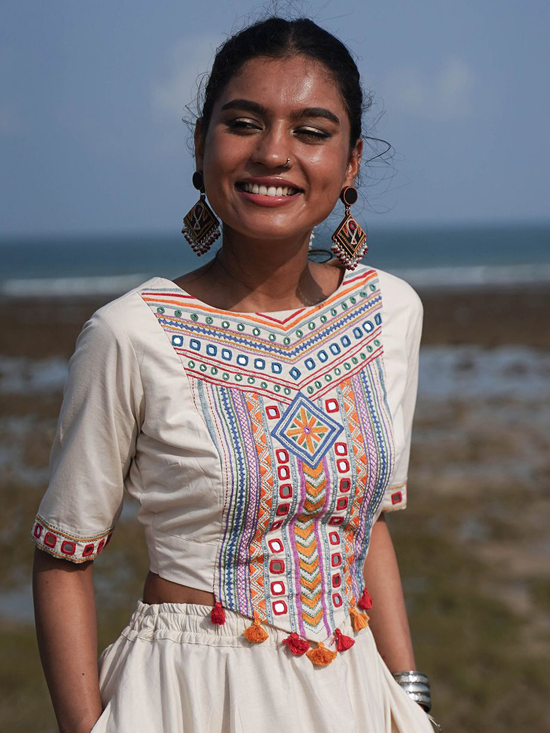 OKHAI Women Ethnic Motifs Embroidered Cotton Durgeshwari Top