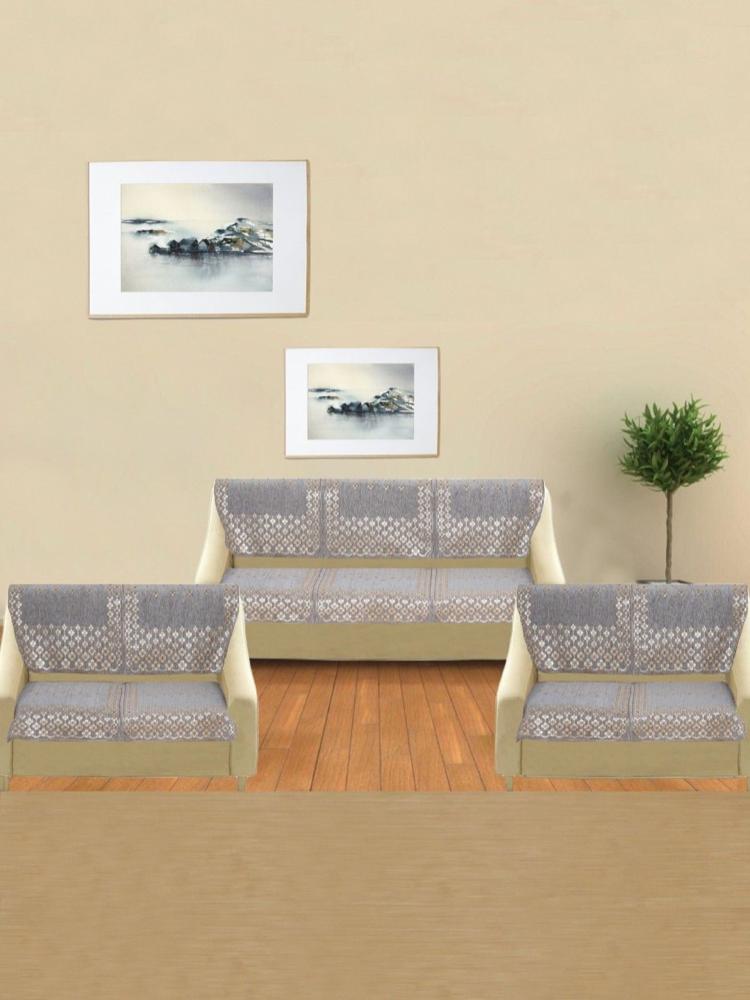 MORADO Brown & Grey 14 Pieces Embroidered 7 Seater Sofa Cover