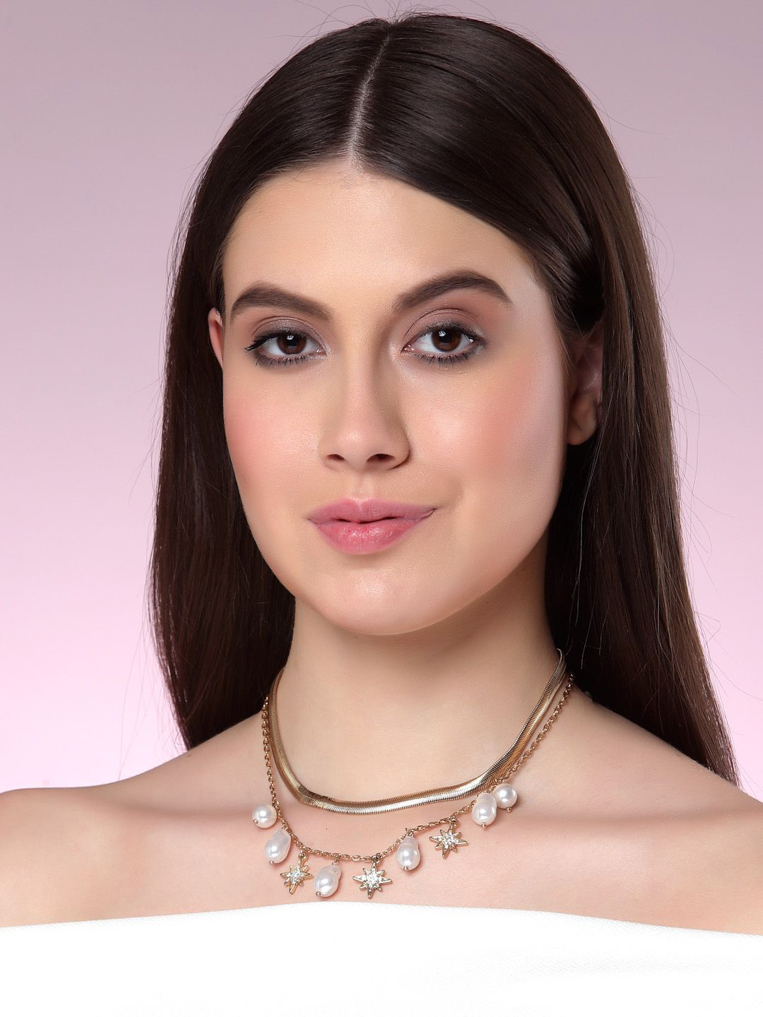 Sanjog  Gold-Plated Stone Studded & Pearls Beaded Starburst Charm Layered Necklace