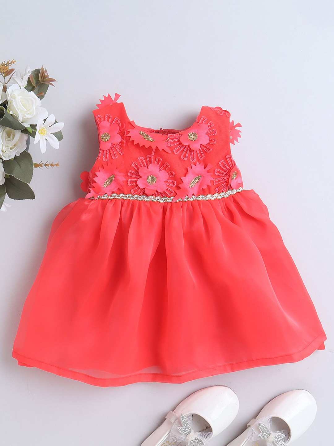 MANY FROCKS & Girls Floral Applique Satin Fit & Flare Dress