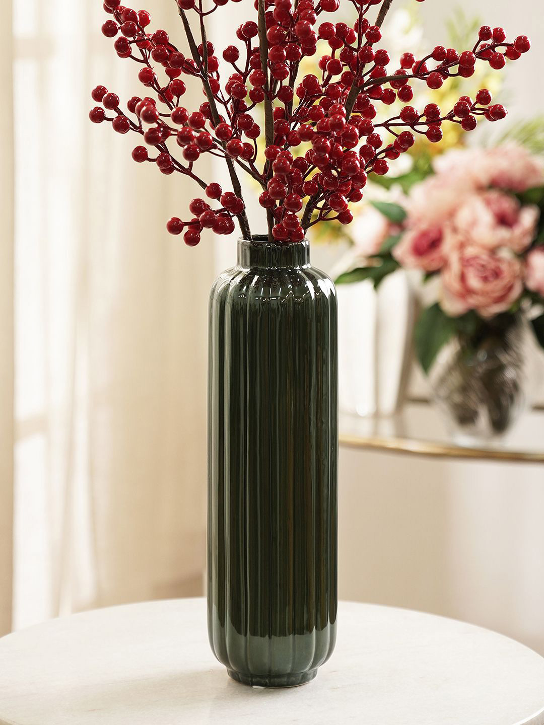 Pure Home and Living Dark Green Textured Ceramic Flower Vases