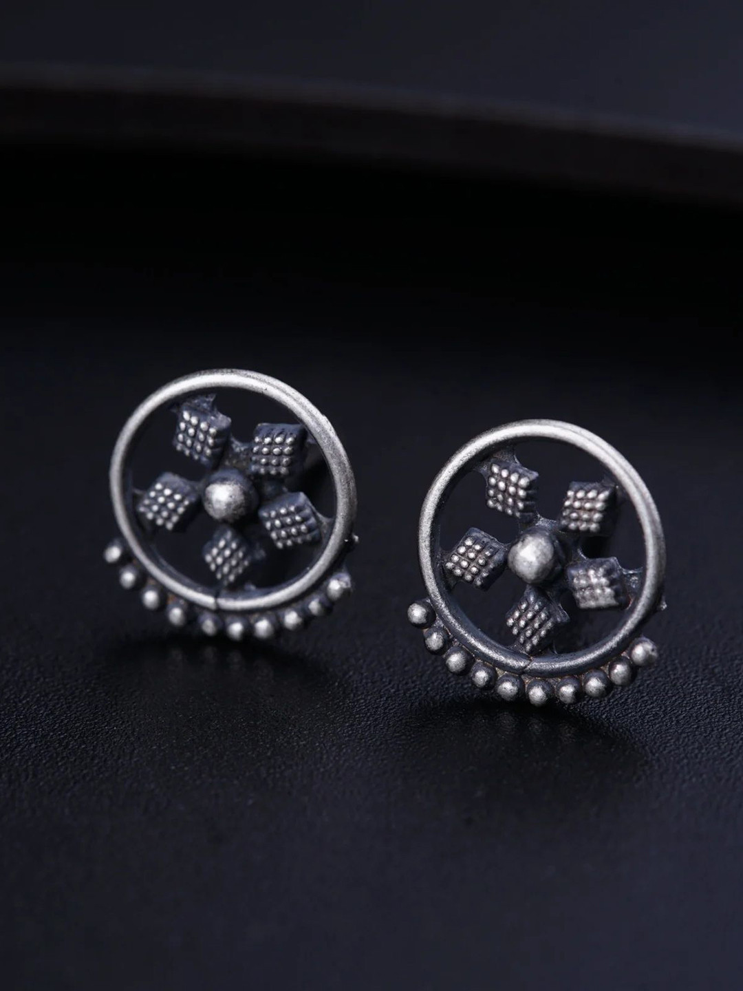 House of Aadyaa 925 Sterling Silver Oxidised Diamond Flower Studs