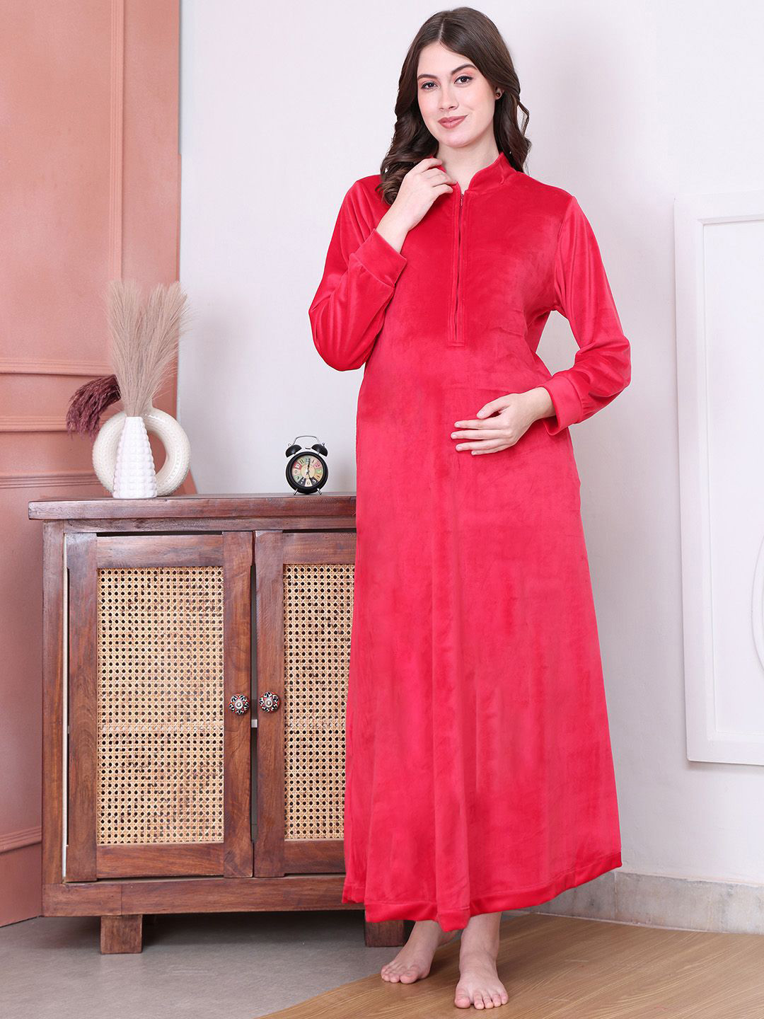 Secret Wish Women Velvet Woolen Maternity Maxi Nightdress
