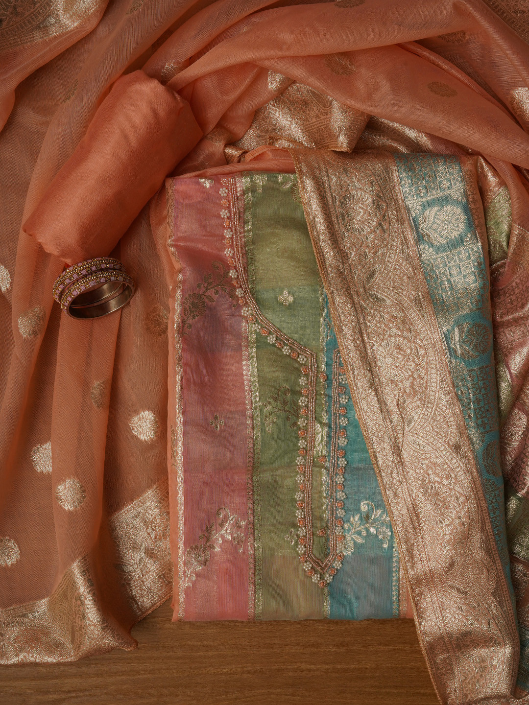 Jaipur Kurti Zari Woven Silk Blend Embellished Dress Material With Dupatta