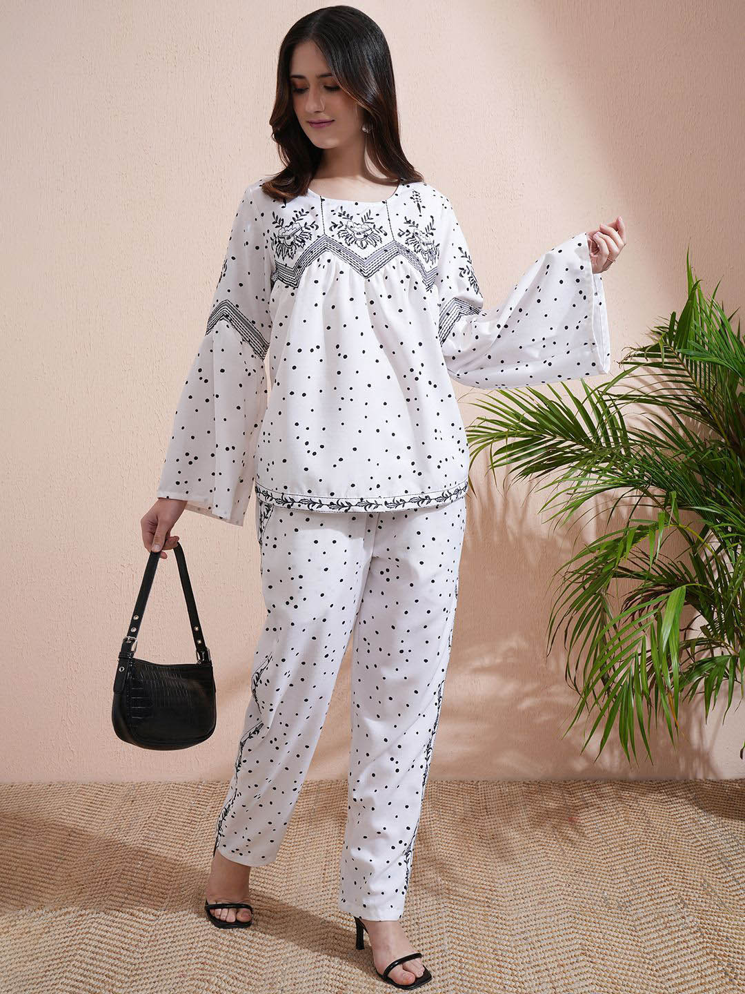 Vishudh White Embroidered Round Neck Long Sleeves Top With Trouser