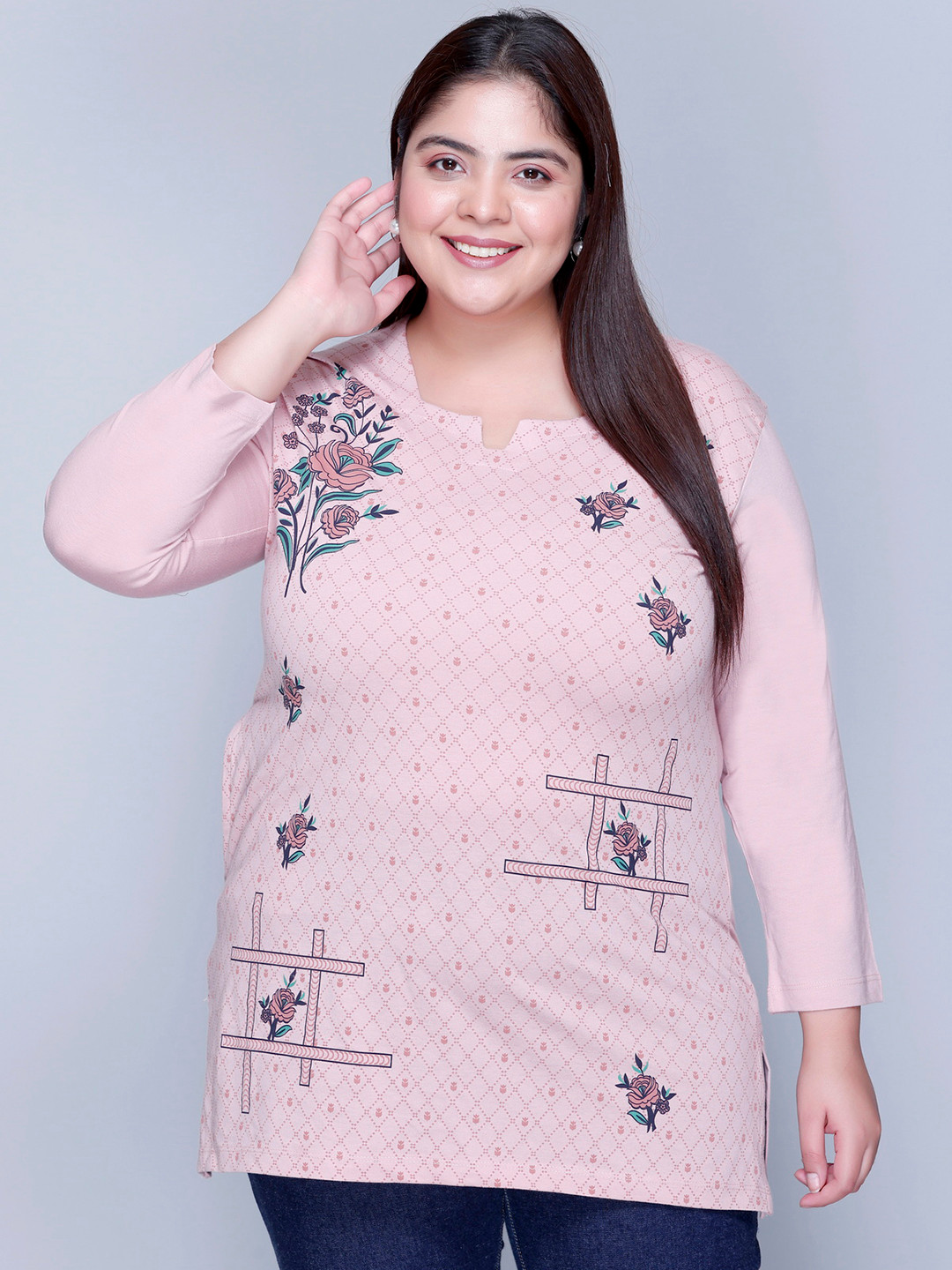 IN Love Women Floral Printed Cotton Plus Size Long T-Shirt
