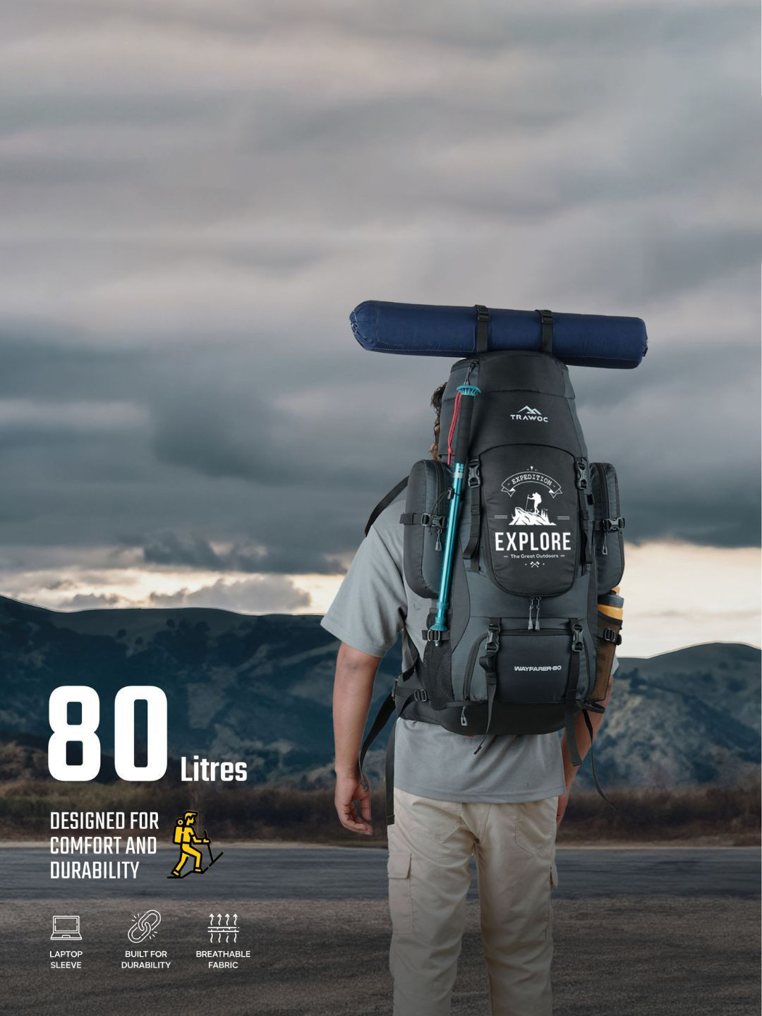 TRAWOC WAYFARER Solid 80L Camping Rucksack With Rain Cover For Travel