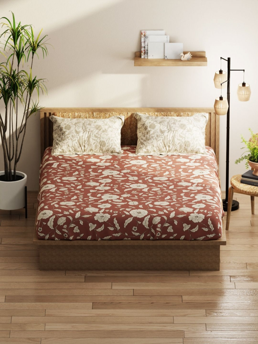 KOPA Micro Red Floral Microfiber 152 TC Fitted Queen Bedsheet with 2 Pillow Covers-86 x 94 inches