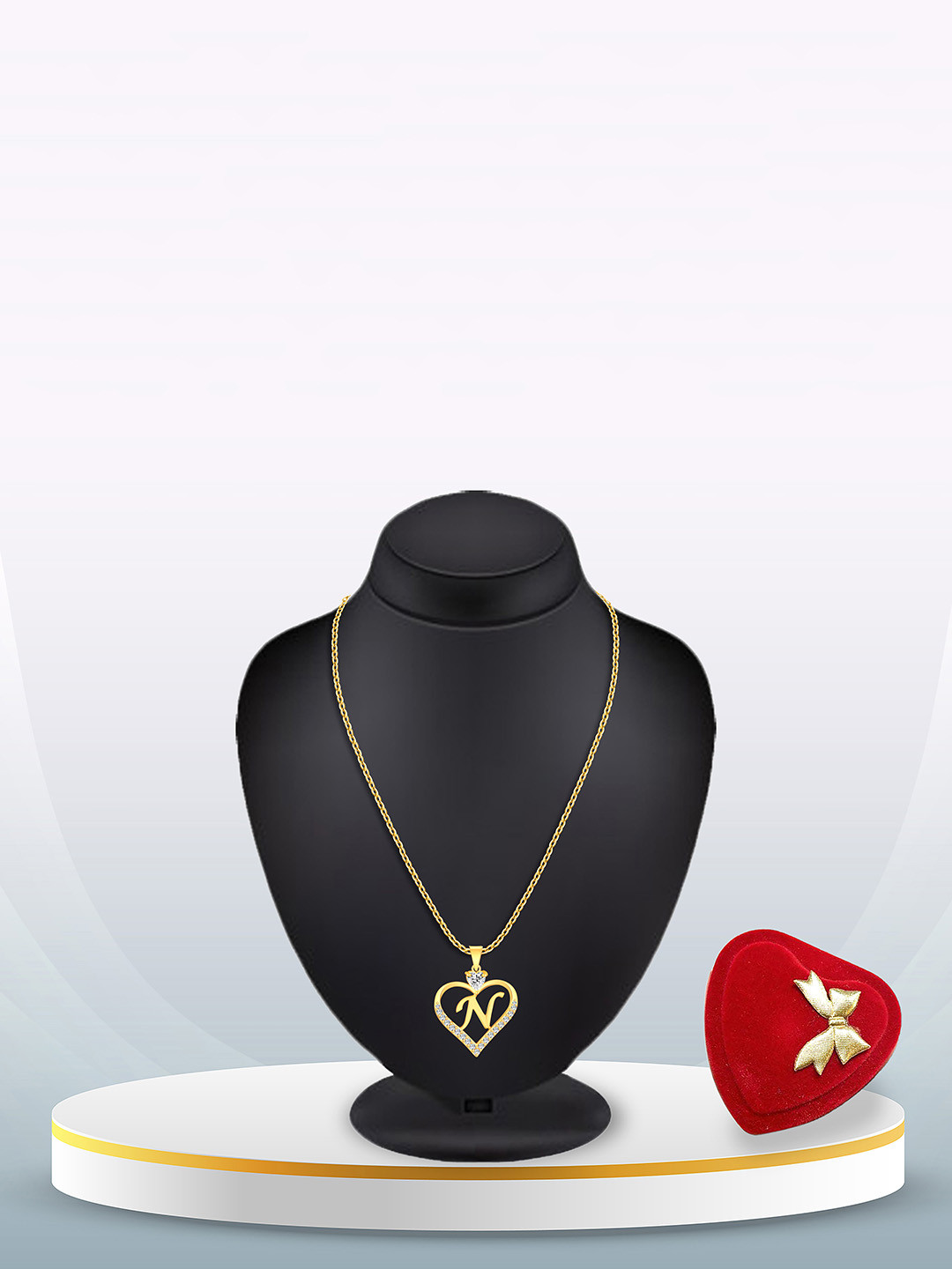 Heer Collection Gold-Plated CZ Studded Alphabet N Heart Shaped Pendant With Chain