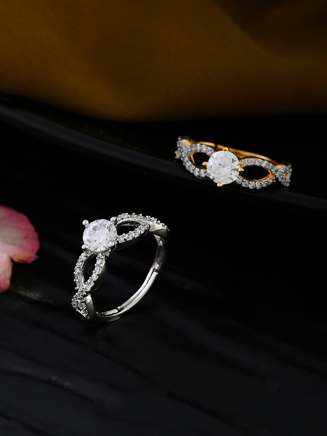 Shoshaa Set Of 2 Gold & Silver-Plated Cubic Zirconia-Studded Finger Rin