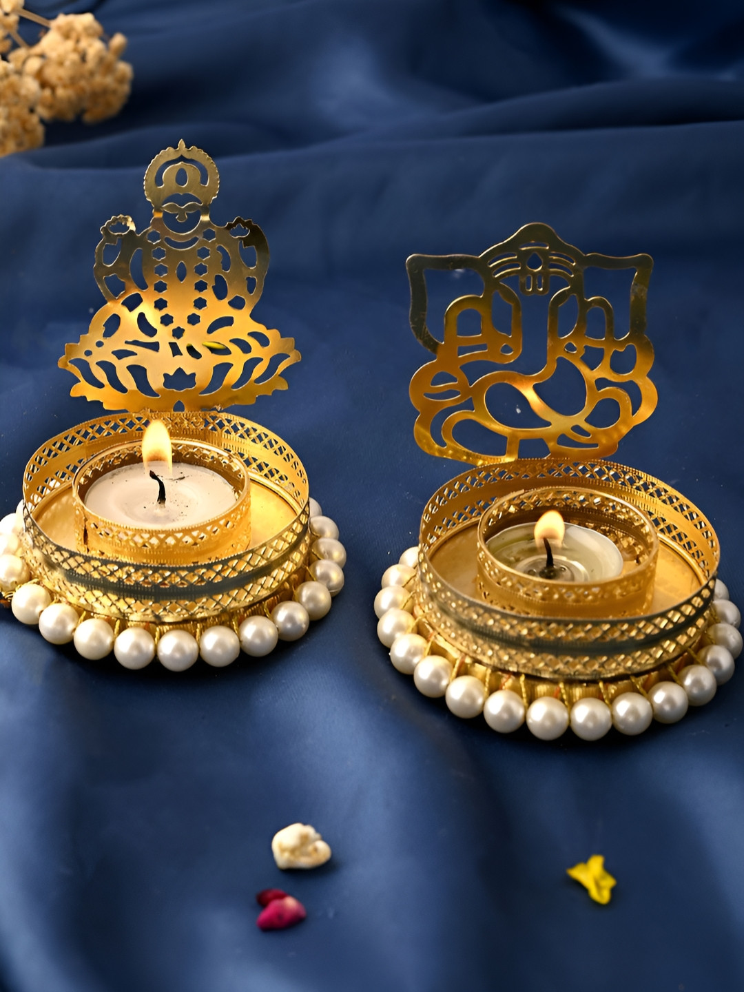 Aura White & Gold-Toned 2 Pieces Laxmi Ganesha Metal Candle Holders