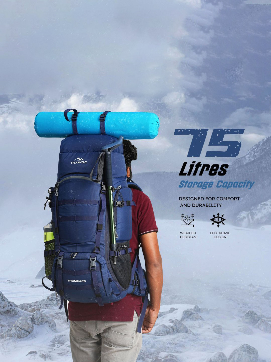 TRAWOC TRIUMPH X Solid 75L Rucksack With Laptop Compartment Rain Cover