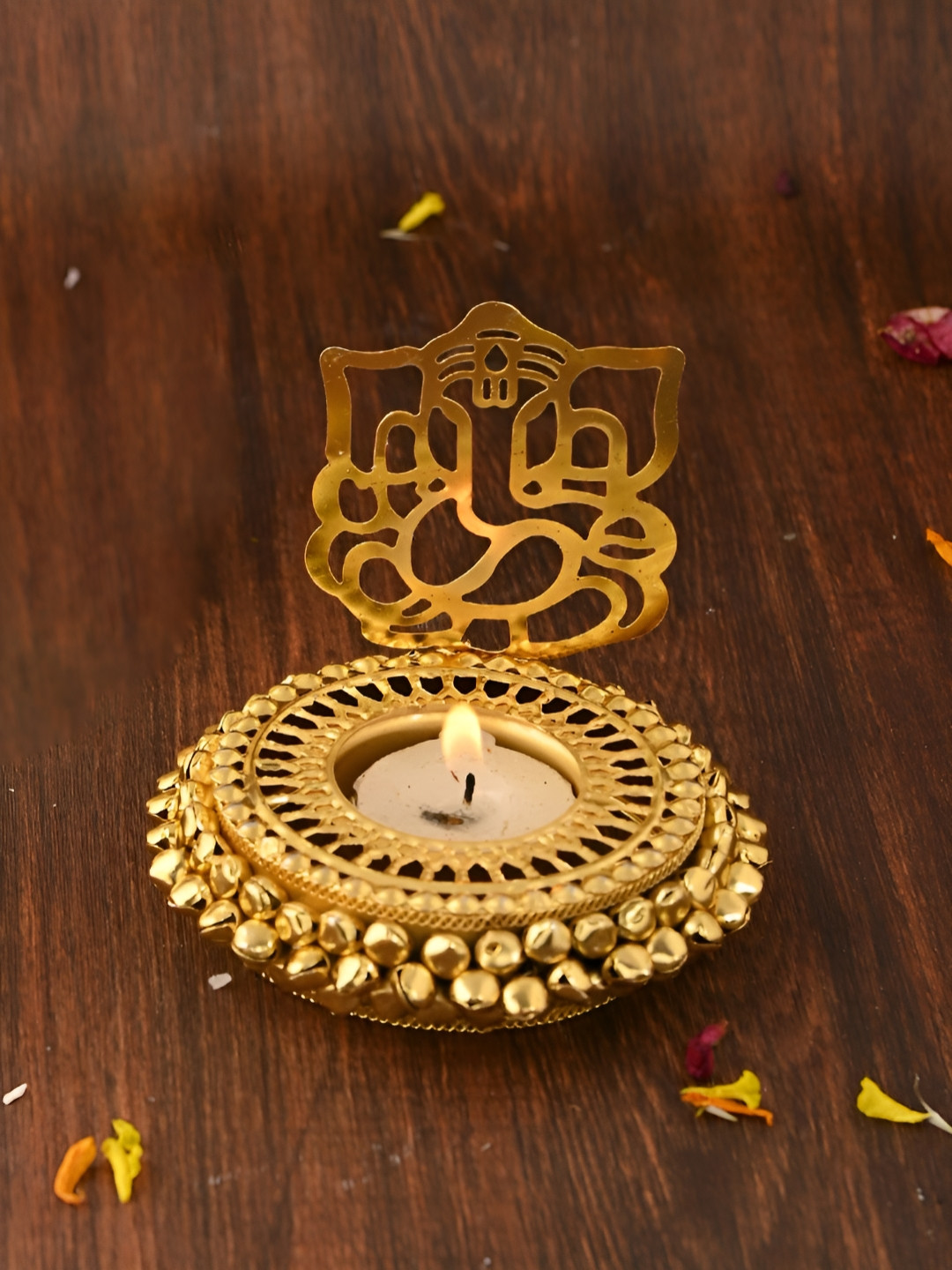 Aura Gold-Toned & White 2 Pieces Laxmi Ganesha Metal Candle Holder
