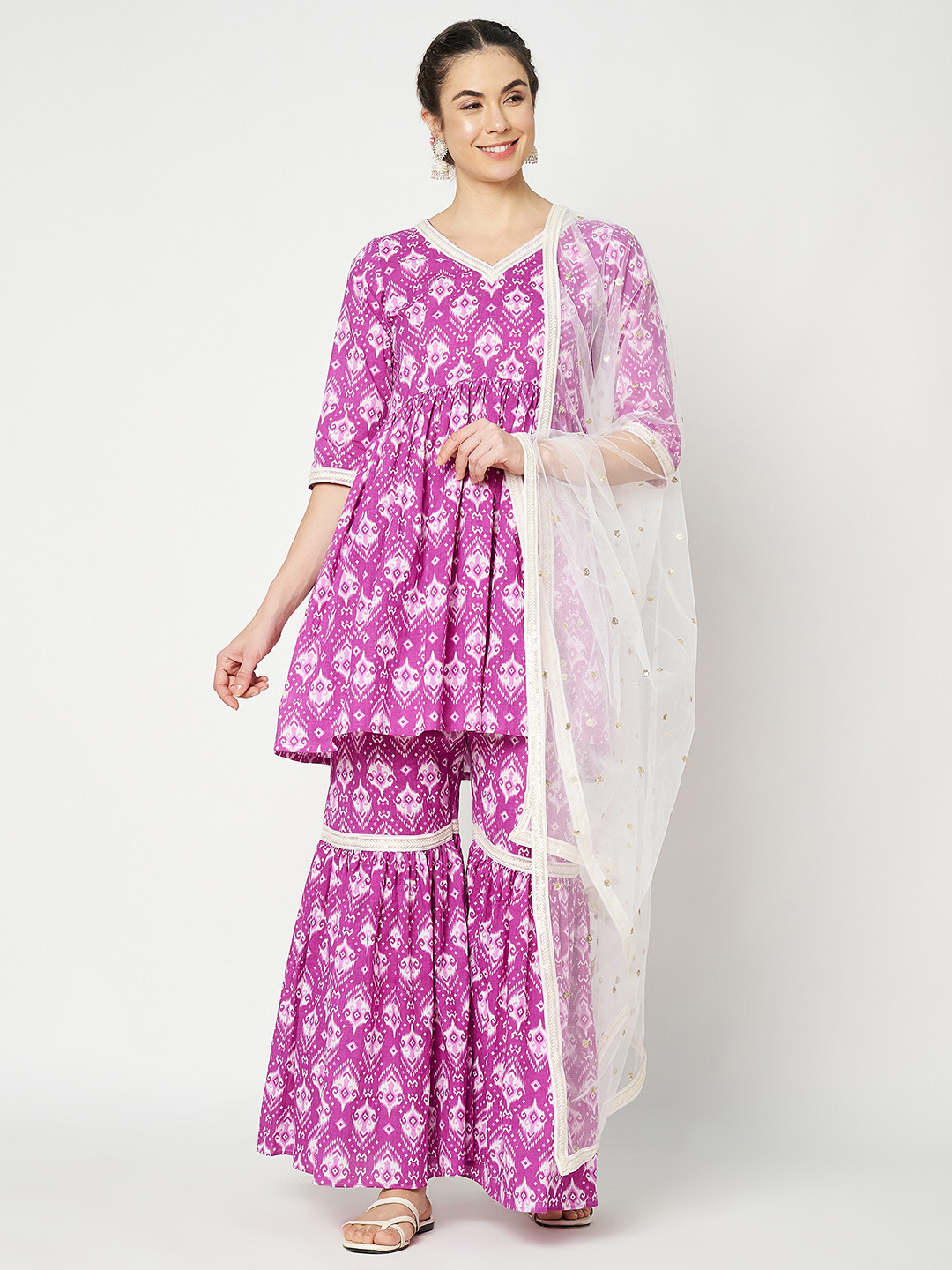 studio rasa Ethnic Motifs Printed V-Neck Pure Cotton Peplum Kurti with Sharara & Dupatta