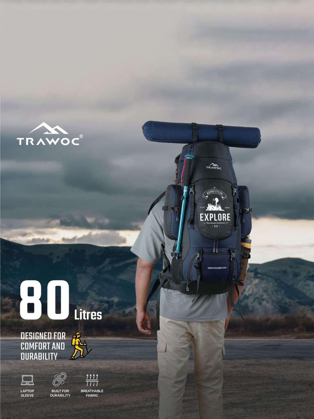 TRAWOC WAYFARER Solid 80L Camping Rucksack With Rain Cover For Travel