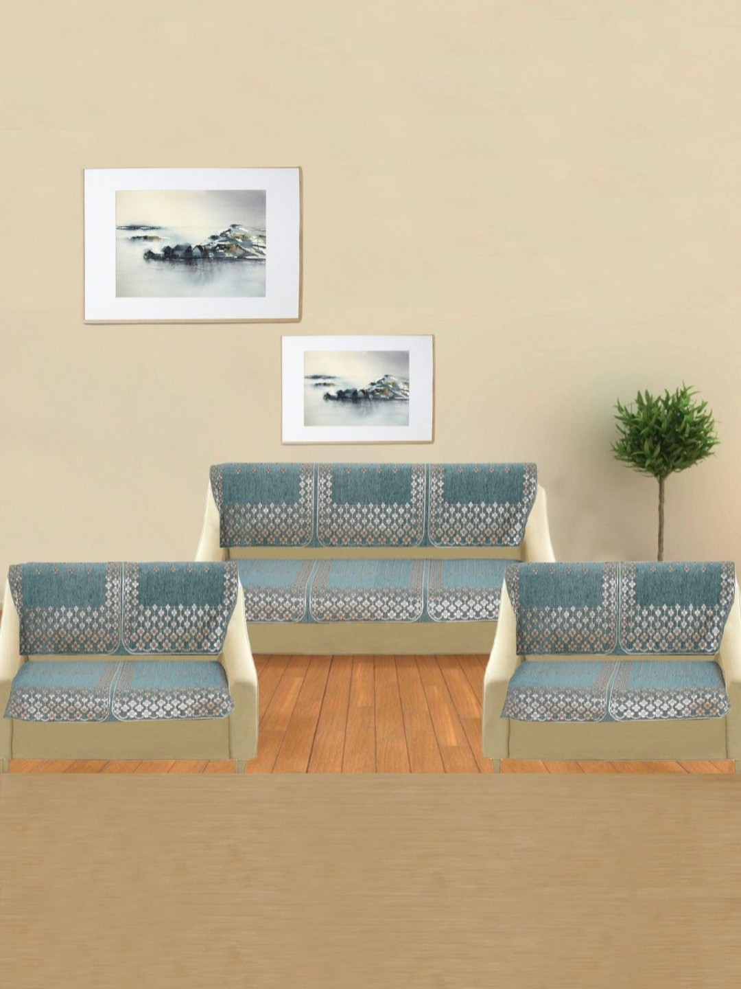 MORADO Green & Grey 14 Pieces 7 Seater Embroidered Sofa Covers