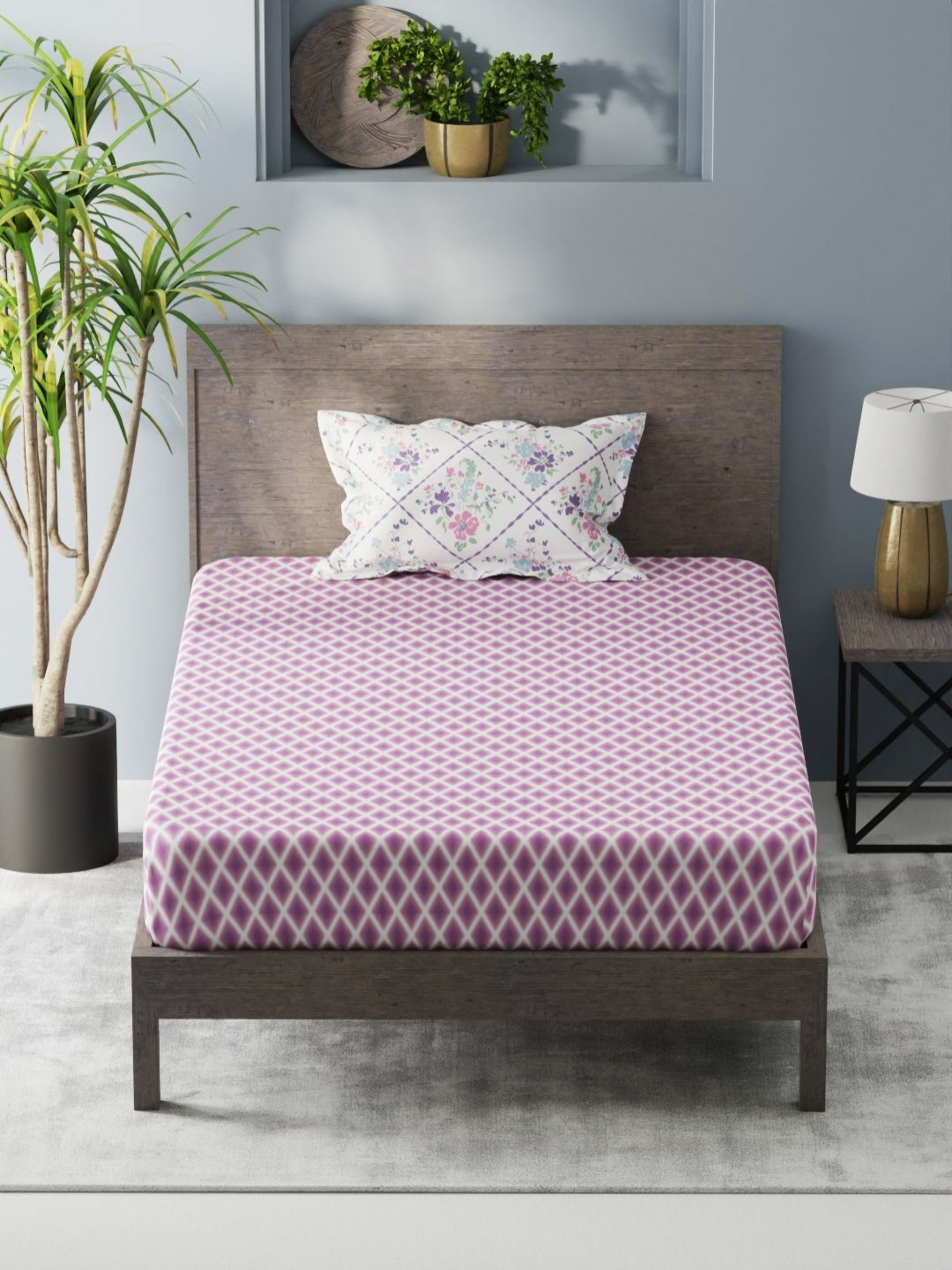KOPA Bamboo Breeze Purple Geometric Microfiber 200 TC Single Fine Bedsheet with a Pillow Cover-150 x 224 cm