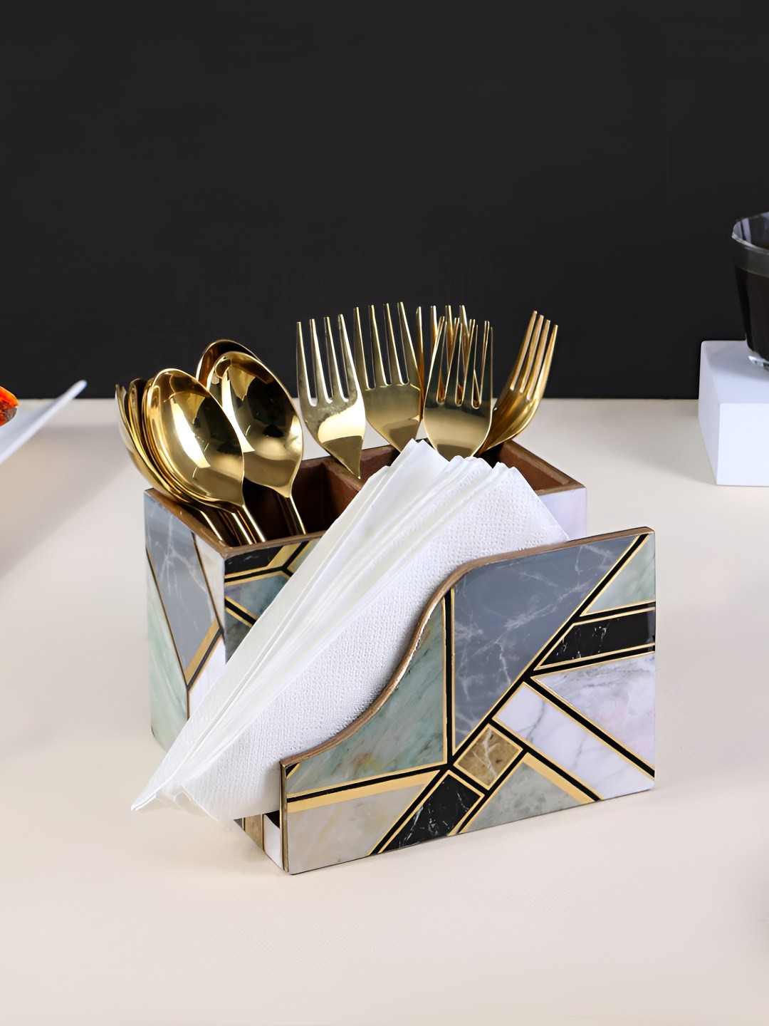 THE HOME CO. Mosaic Green & Gold Toned Geometric Printed Tissue Holders