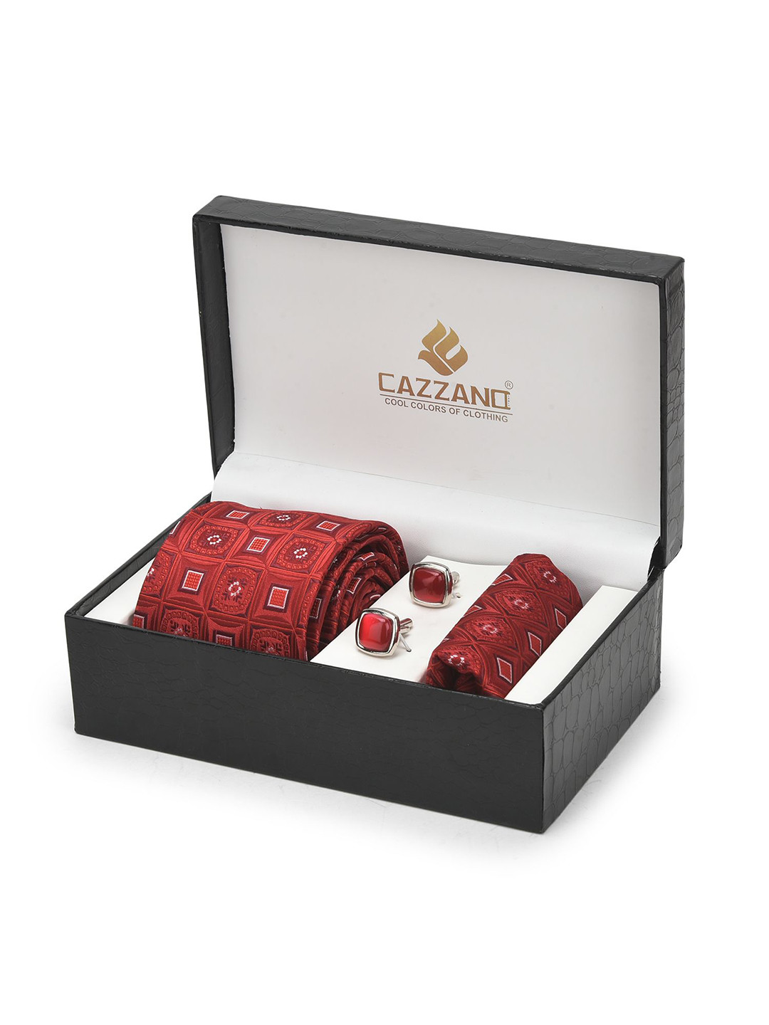 Cazzano Men Abstract Embroidered Slim Tie Cufflinks & Pocket Square Accessory Gift Set