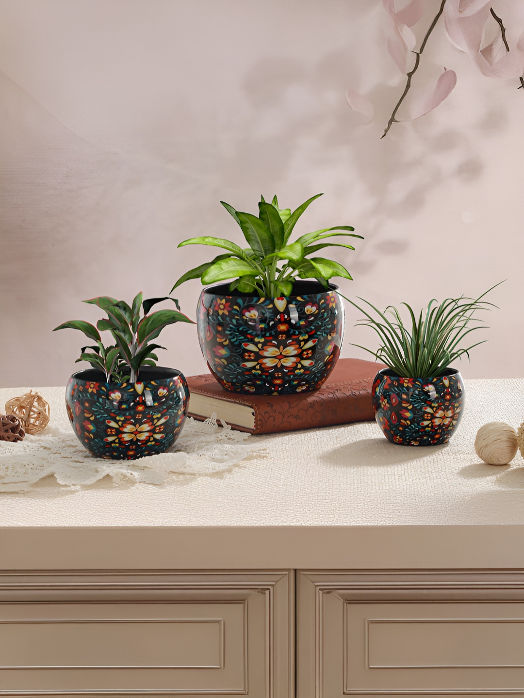 Homspurts Apple Bowl Planter Black 3 Pieces Printed Metal Planters