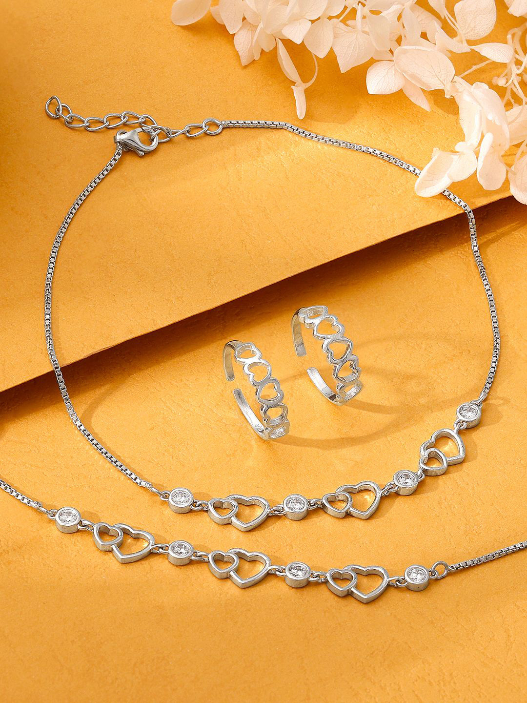 GIVA 925 Sterling Silver Stone-Studded Anklet And Toe Rings Aparajita Jewellery Set