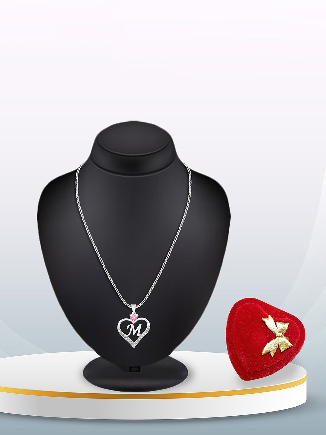 Heer Collection Silver-Plated CZ Studded Alphabet 'M' Heart Shaped Pendant & Chain